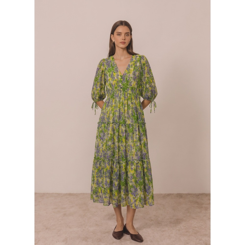 Taylor Blogger Favorite  Maxi Dress Women's 16 Green Floral Tiered  Puff Sleeve